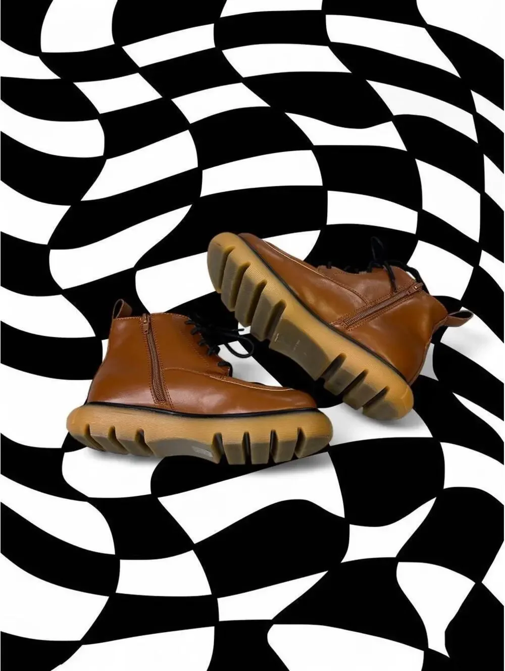 Charles & Keith Brown leather ankle boots with chunky sole and lace-up design
